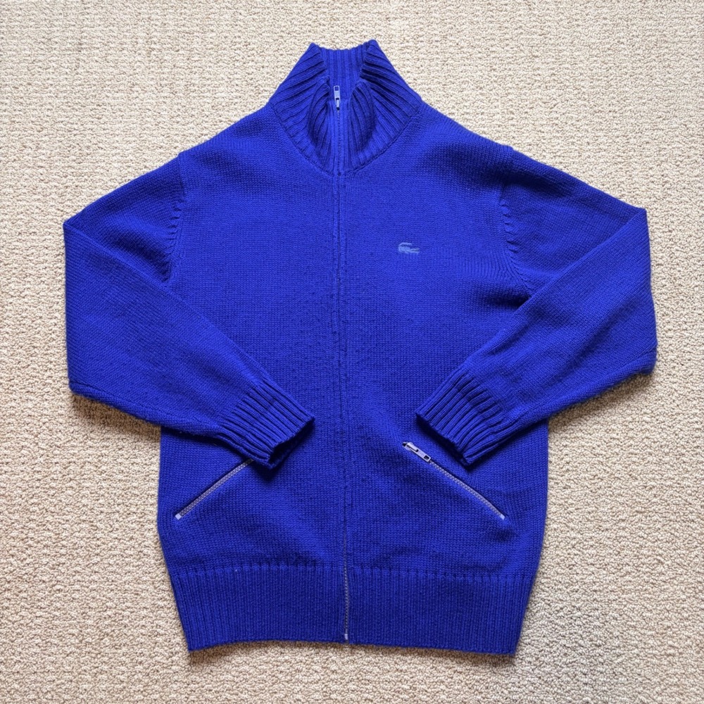 Vintage Lacoste Club Mens Royal Blue Full Zip Mock Neck Cardigan Sweater Large